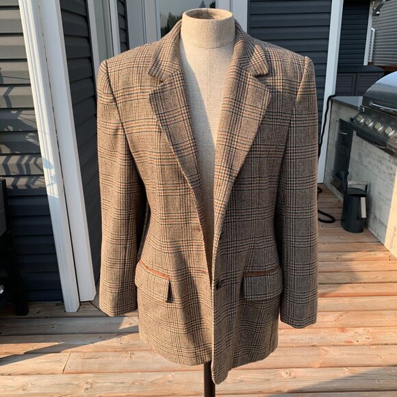 Vintage 70s Tweed Plaid Faux Suede Elbow Patch 3 Button Blazer Jacket - Picture 4 of 16